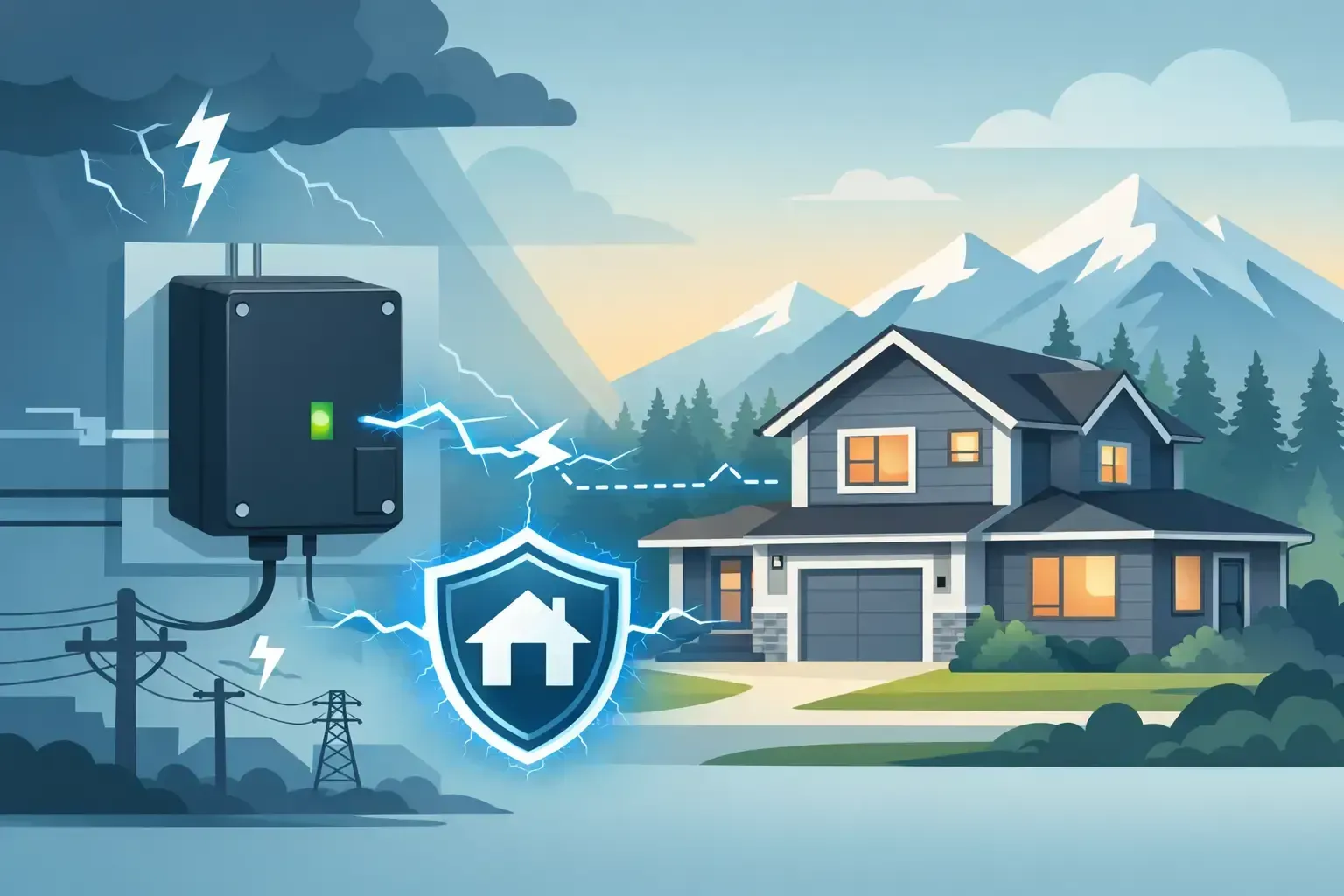 Smart home security system connected to a house, with lightning and storm clouds in the background.