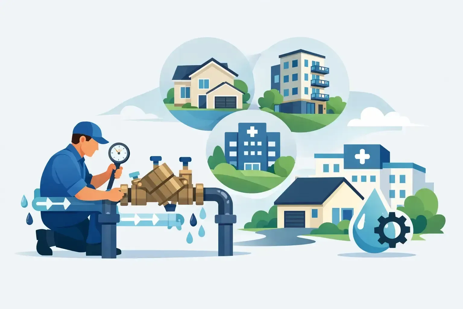 Plumber repairing a leaking pipe with homes and buildings in the background and a water droplet icon