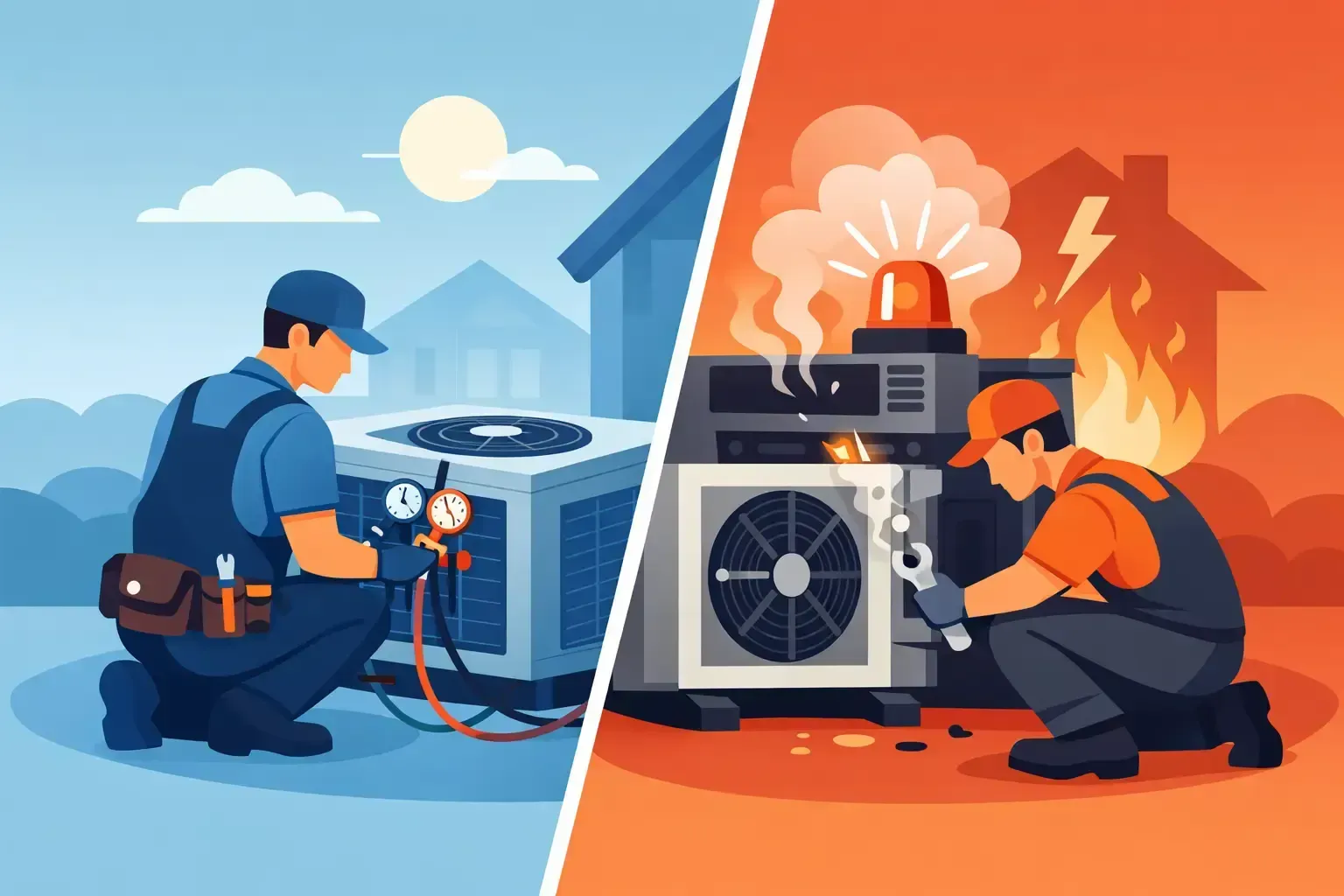 Split image of HVAC technicians repairing outdoor AC units, one cool blue, one overheated orange with flames