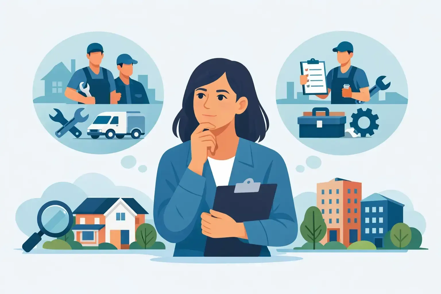 Woman thinking amid service and maintenance icons: workers, van, checklist, tools, homes, magnifier, buildings