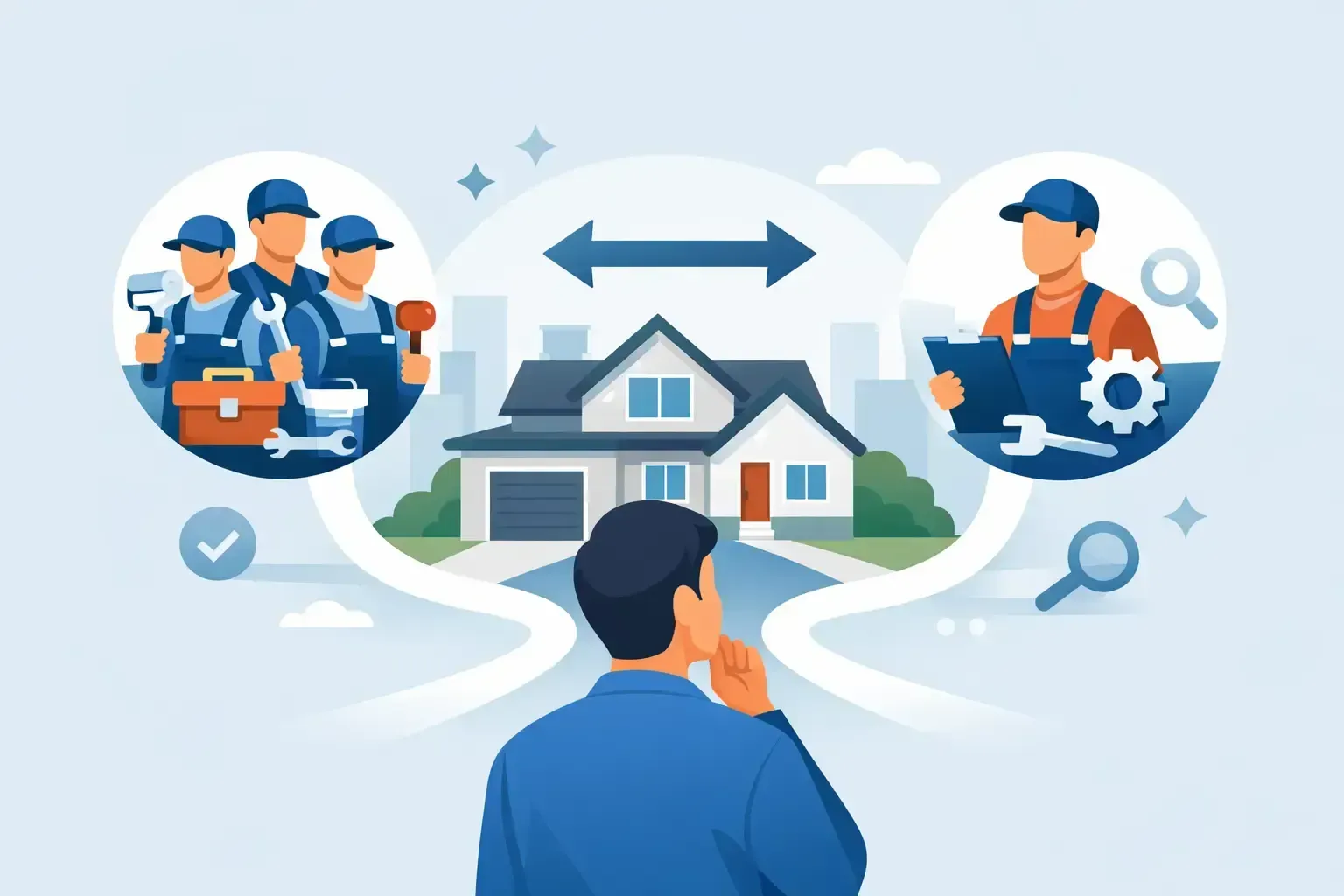 Home inspection teamwork concept with house, inspectors, and exchange arrows, in blue tones