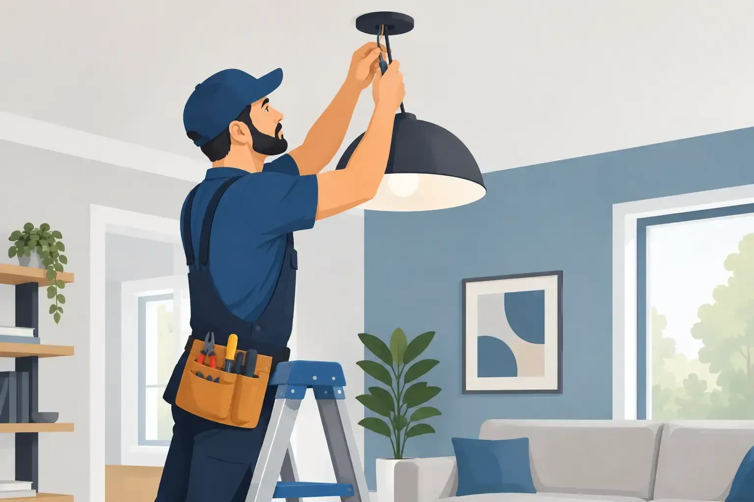 Electrician installing a ceiling light in a blue living room on a step ladder