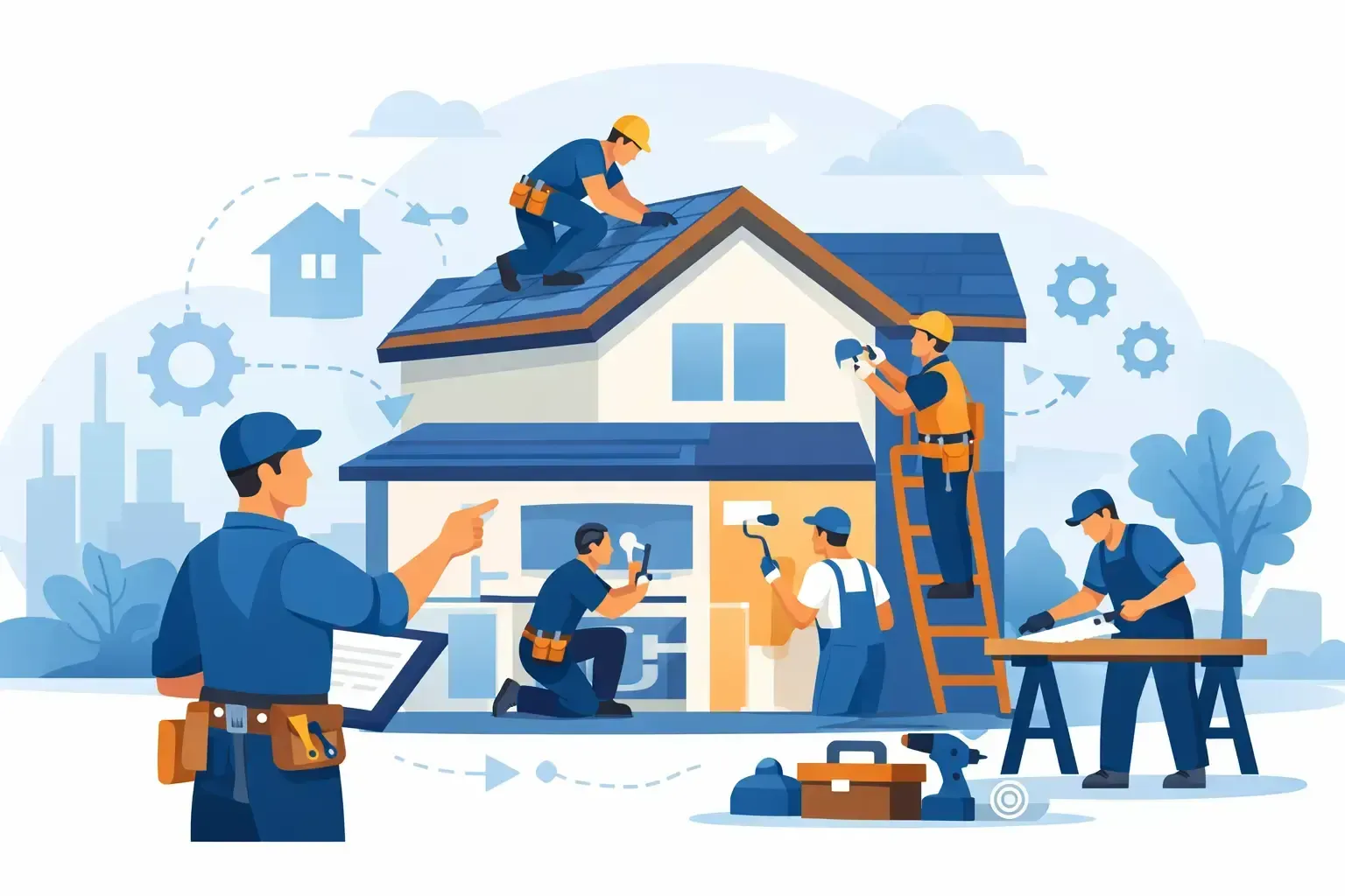 Workers renovating a house exterior with ladders, tools, and blue uniforms