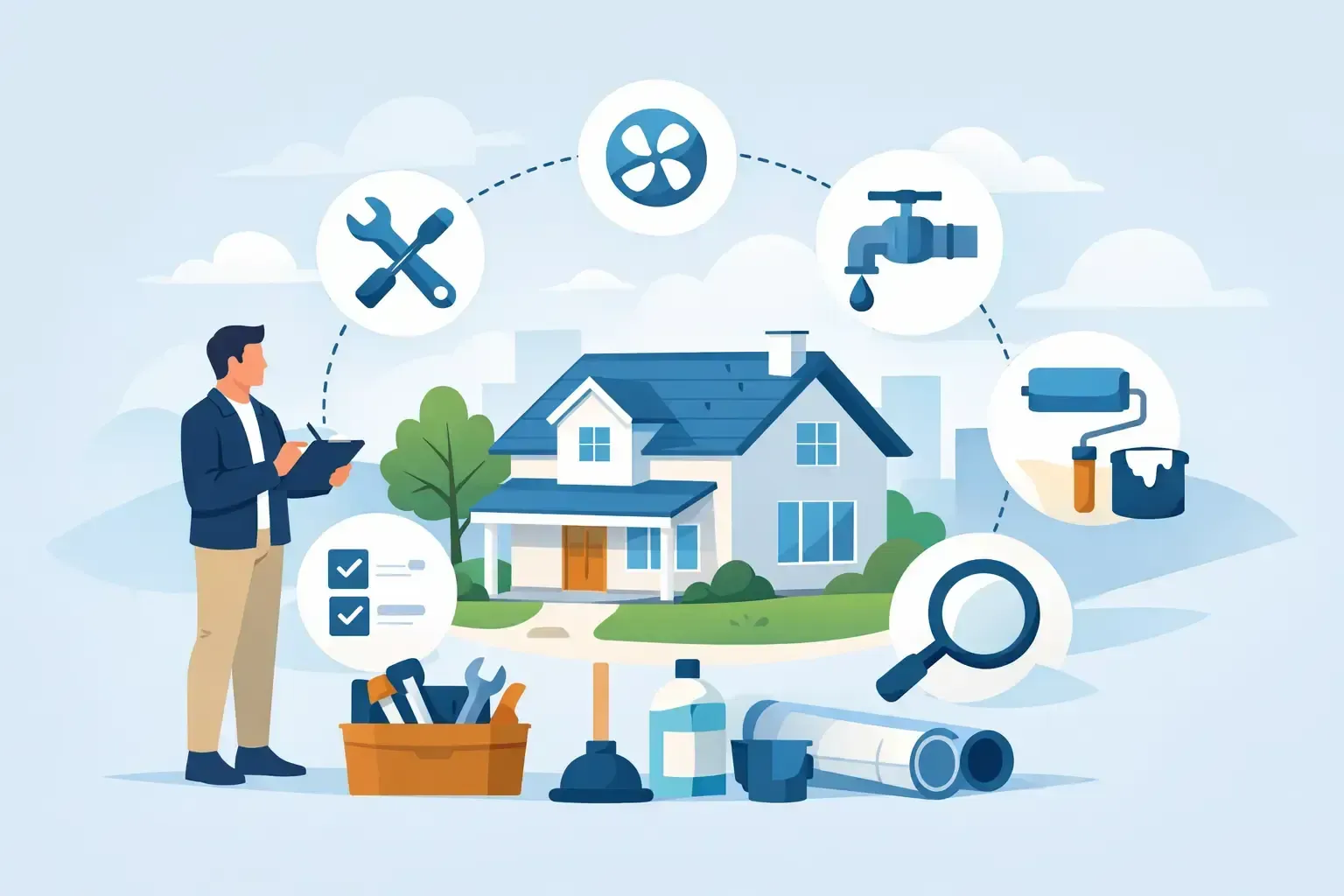 Technician inspecting a house with plumbing, HVAC, and repair tools in a home maintenance scene