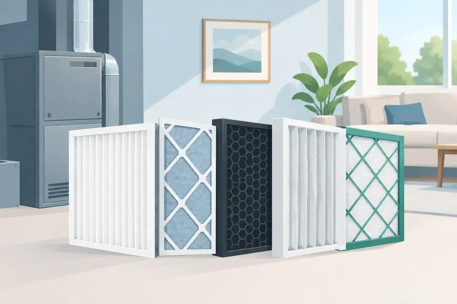 Four colorful home air filters arranged in a bright living room with a fridge, plant, and window behind them