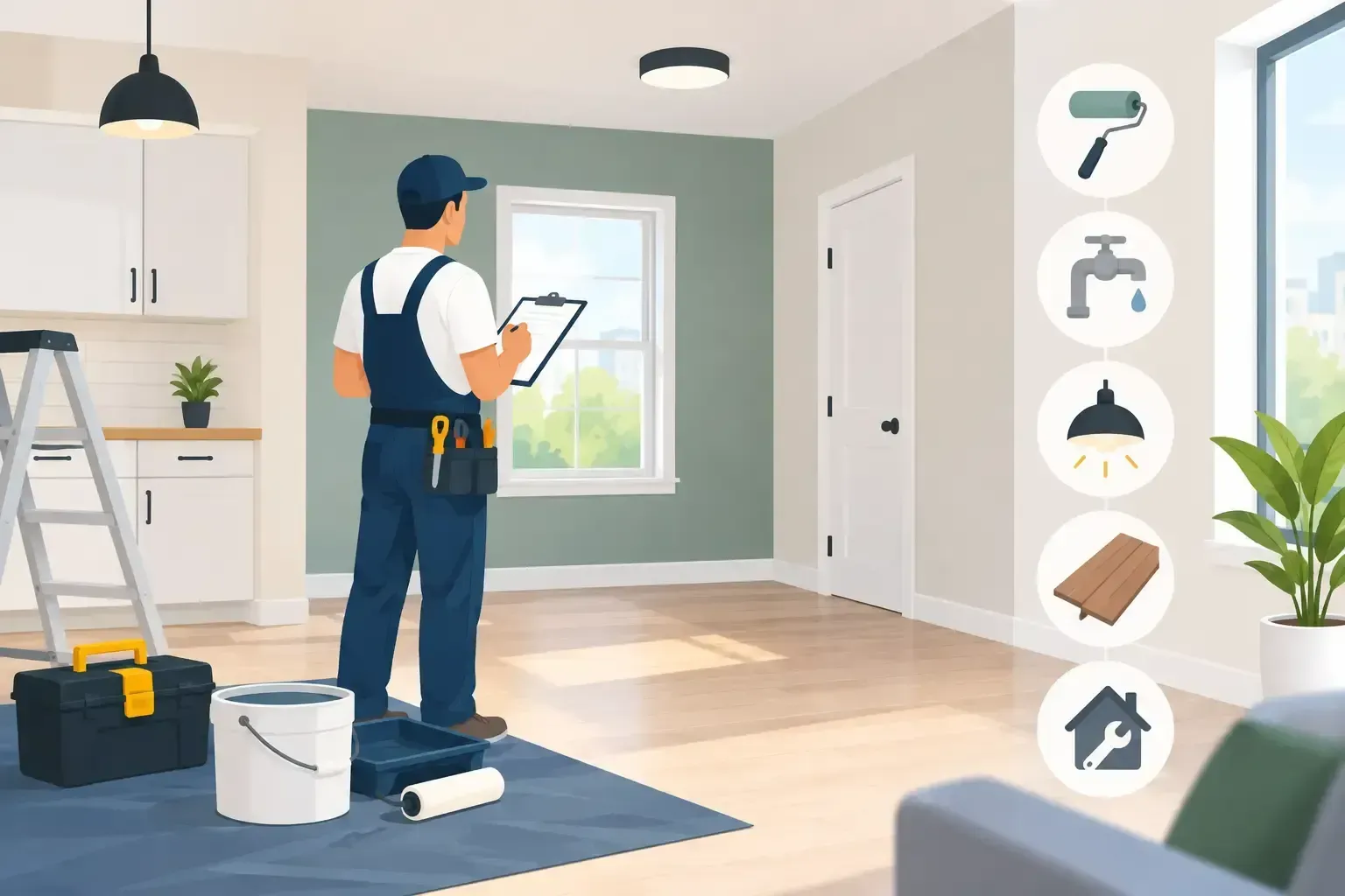Worker painting a bright living room, with paint supplies and tools on the floor