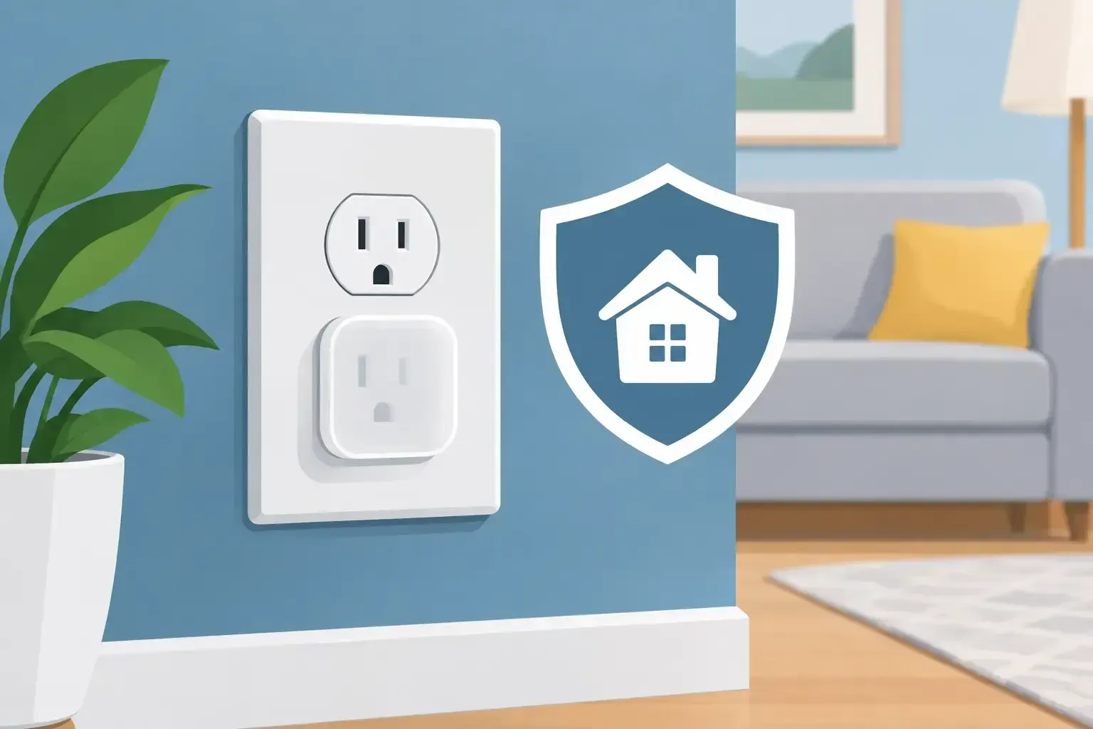 Wall outlet with home safety shield icon in a living room near a sofa and plant