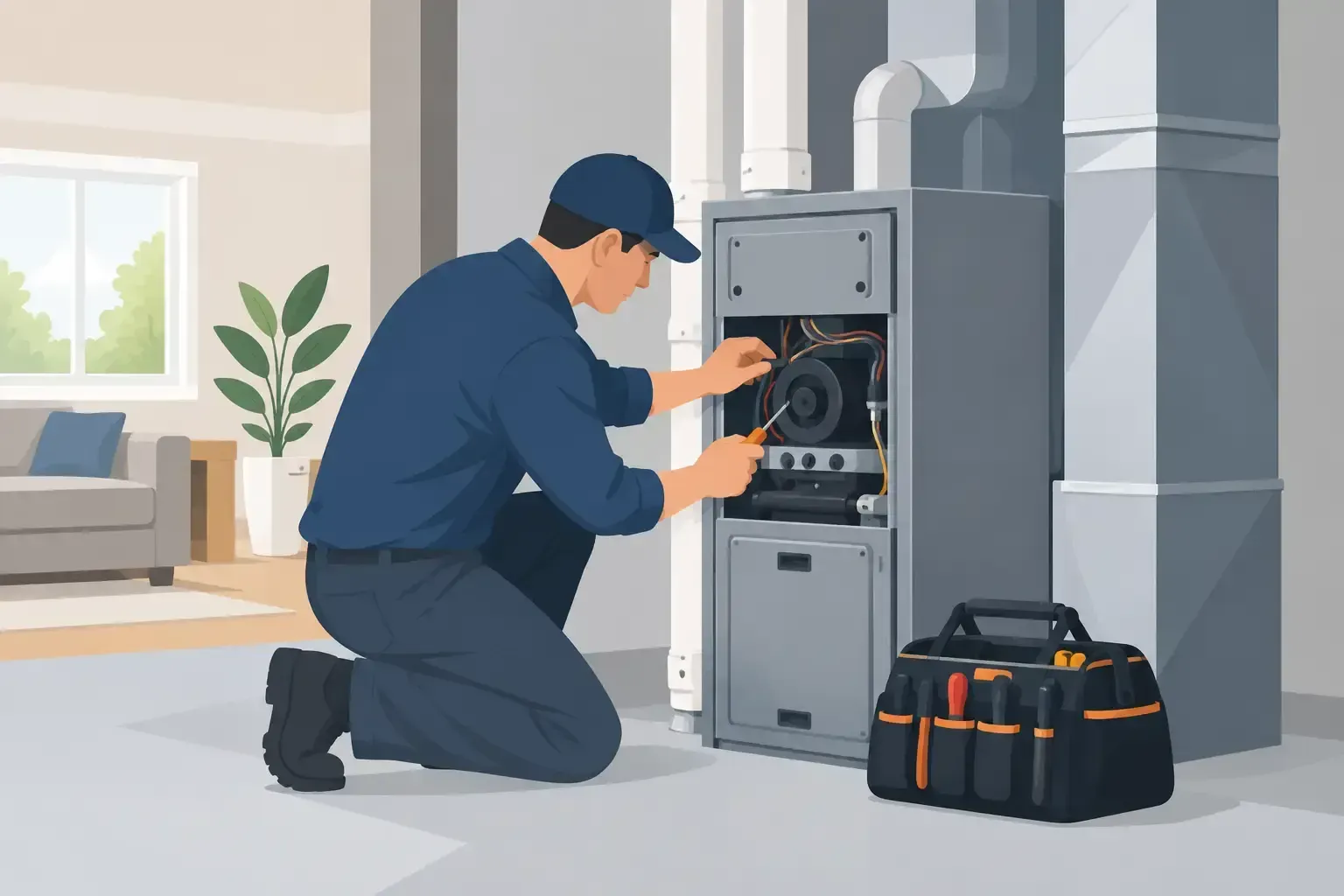 Technician kneeling to inspect an open furnace in a home utility room beside a toolbox.