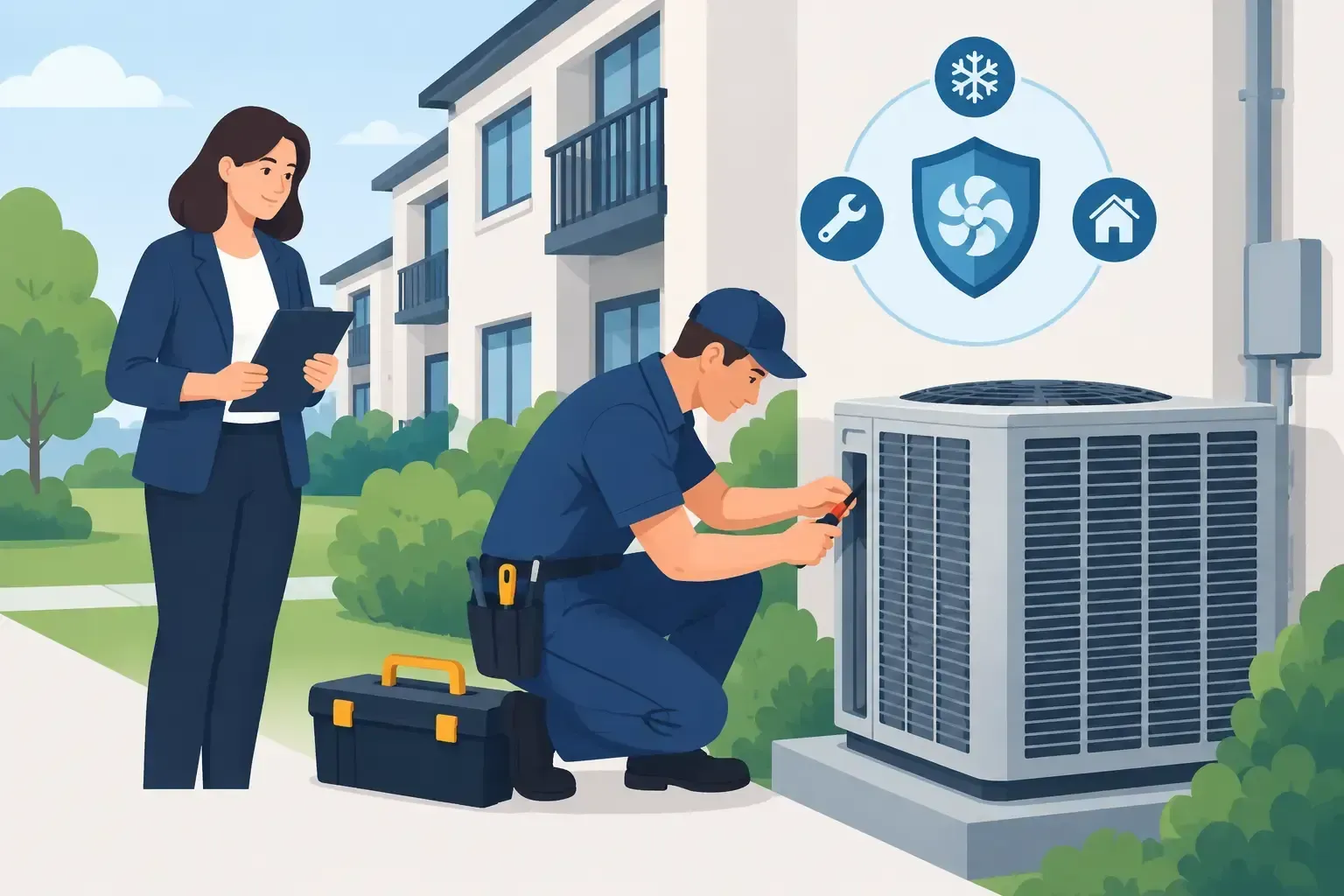 Technician inspecting an outdoor HVAC unit while a colleague stands nearby outside a building