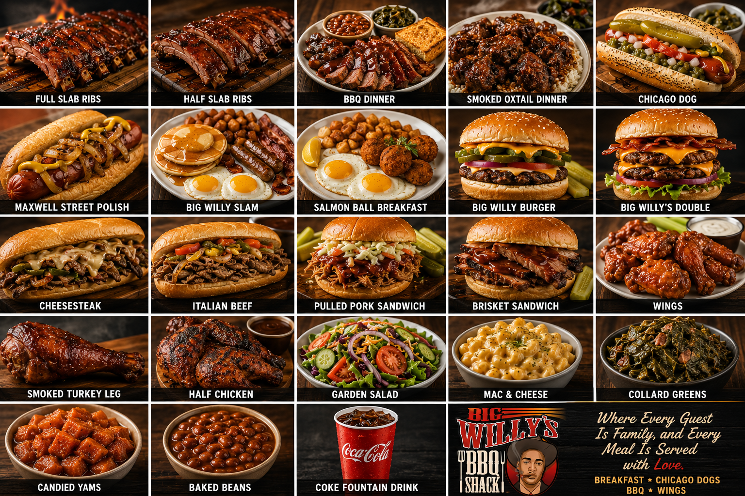 Grilled wings, burgers, fries, and fried seafood menu collage with prices on a black background