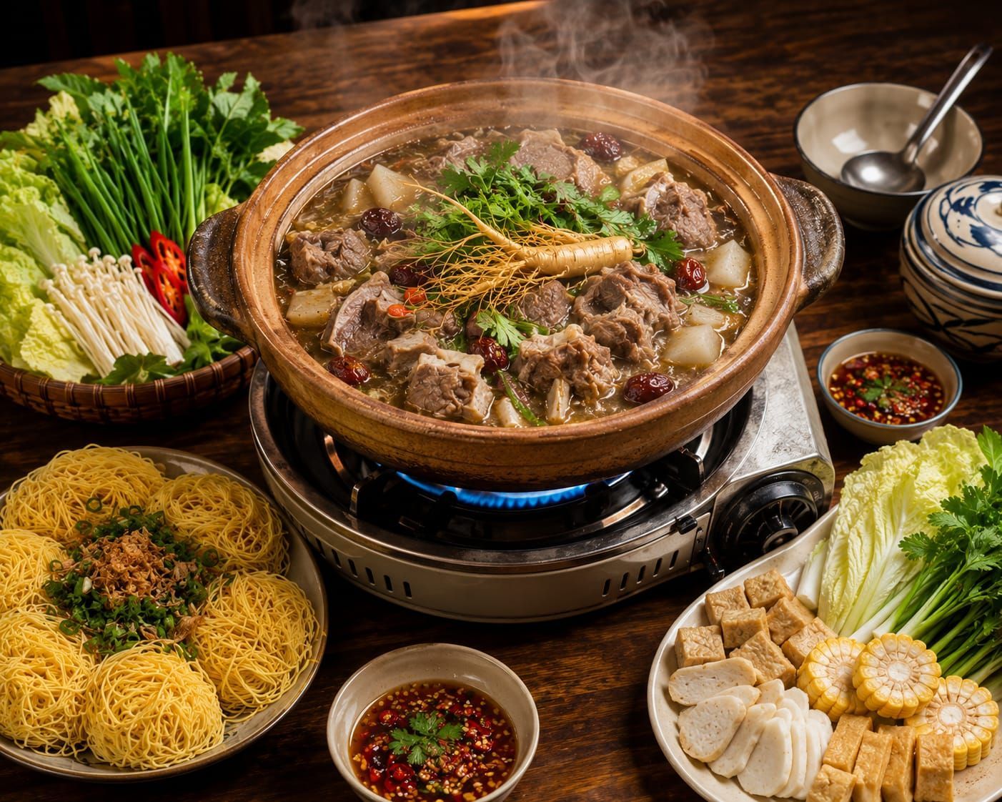 Hot pot feast with simmering broth, sliced meats, noodles, vegetables, and dipping sauces on a wooden table