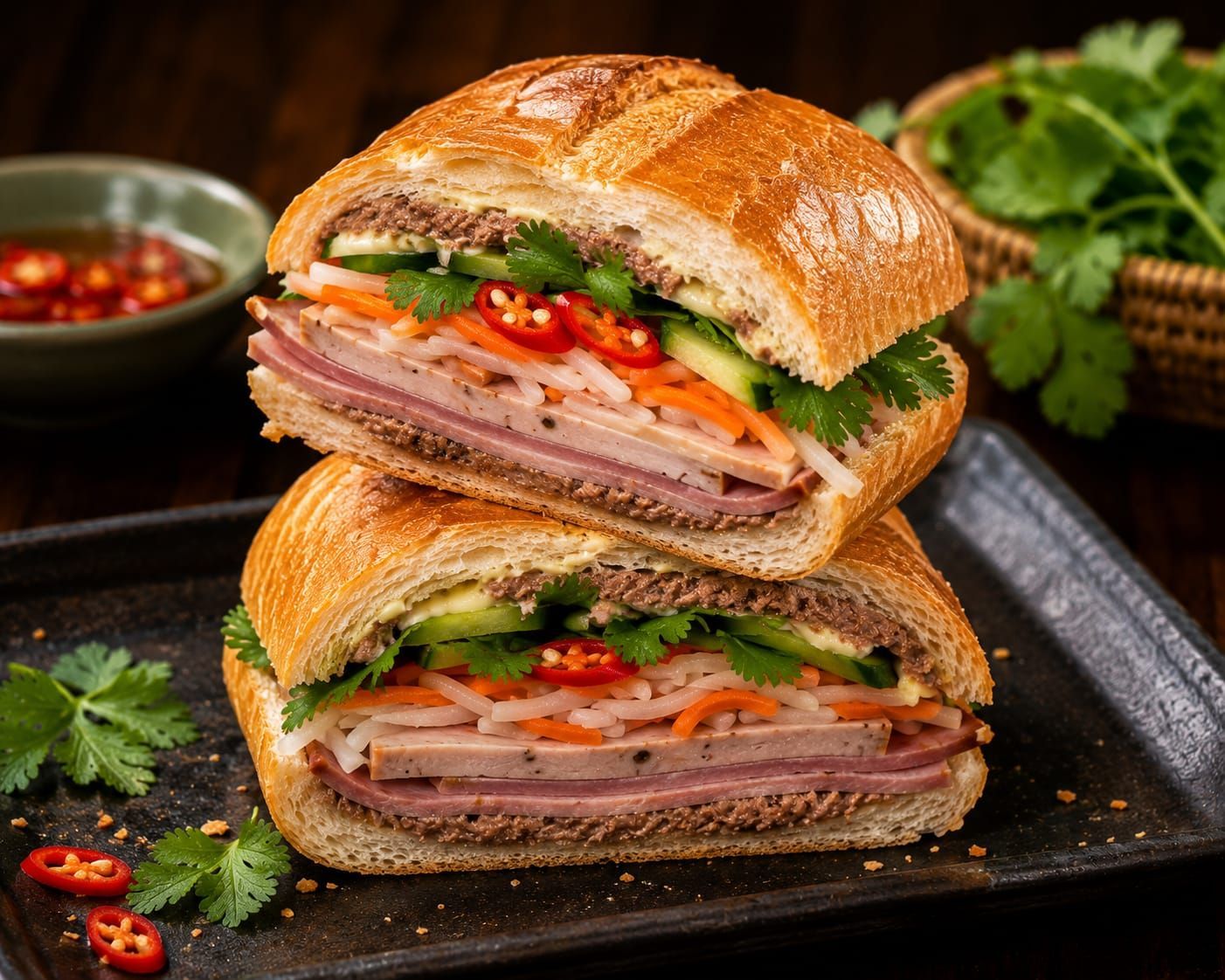 Stacked deli sandwich halves with ham, greens, and chili slices on a black plate