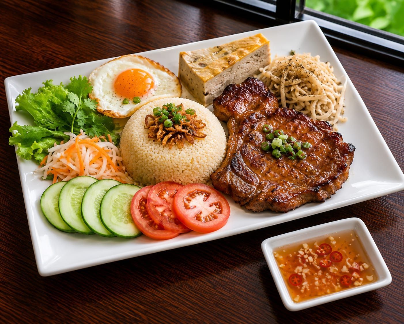 Asian meal plate with rice, grilled meat, fried egg, vegetables, and dipping sauce on a table