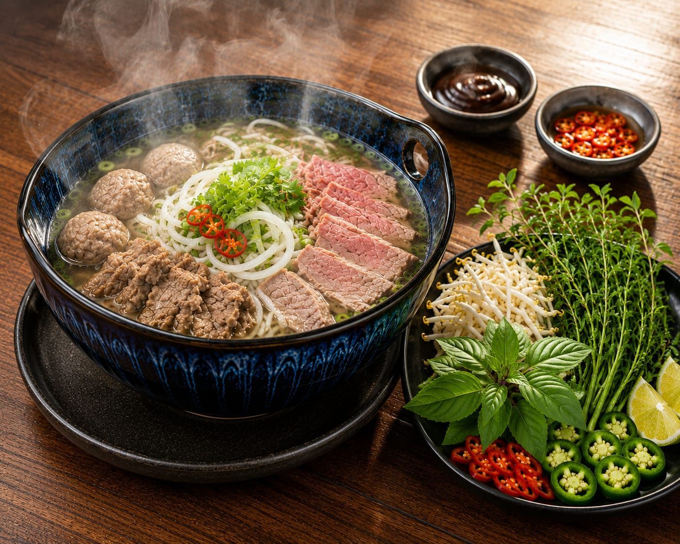 Ramen bowl with sliced beef, minced meat, herbs, lime, and chili on a wooden table