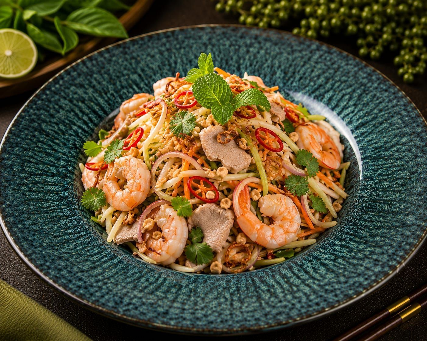 Shrimp noodle salad with herbs, sliced chiles, and lime on a dark textured plate