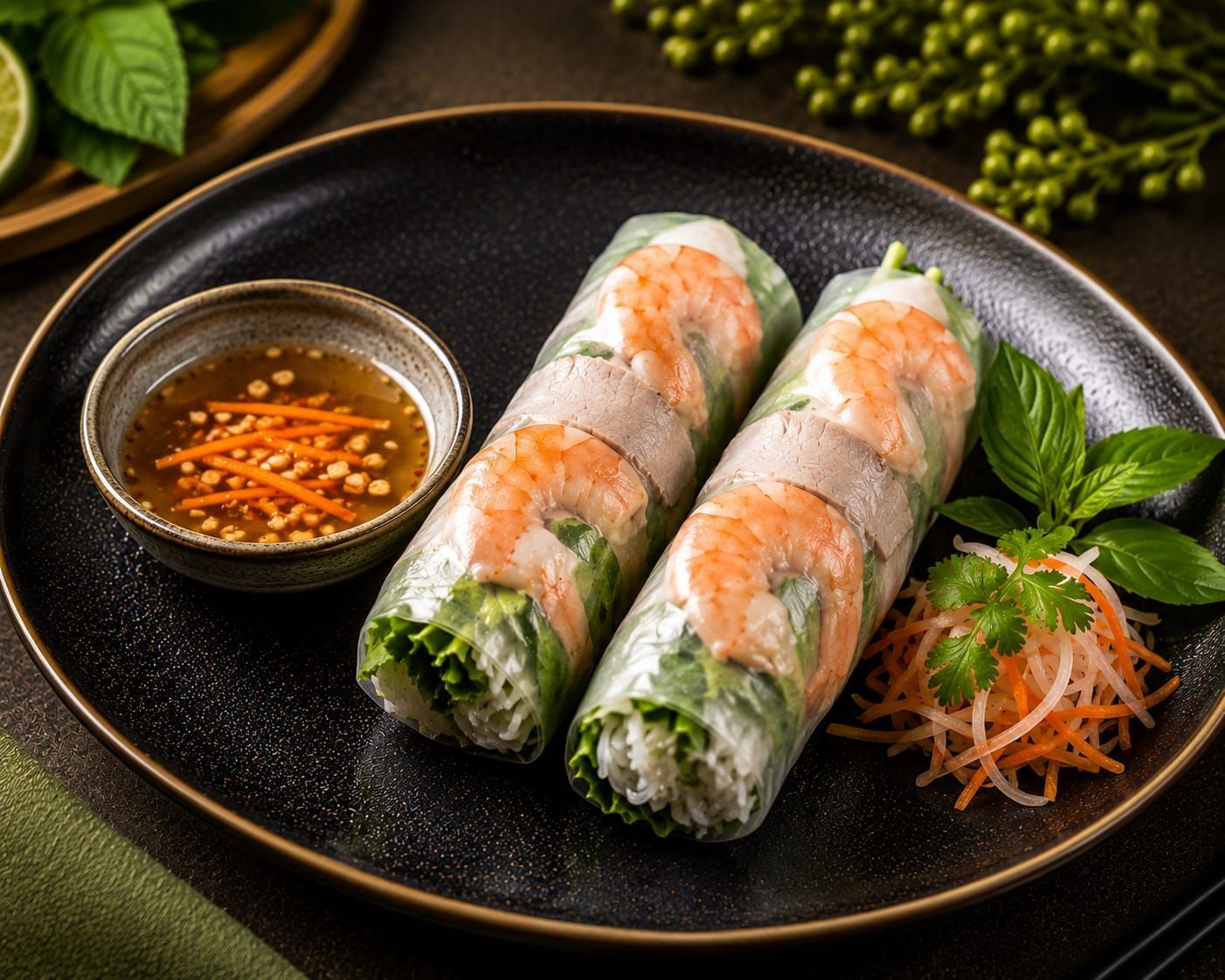 Two shrimp spring rolls on a black plate with dipping sauce and shredded vegetables