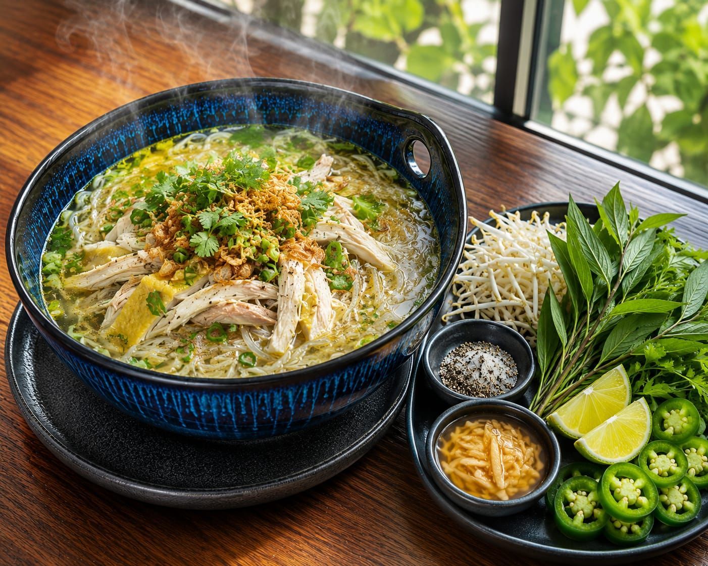 Blue bowl of noodle soup with herbs, lime, jalapeños, and condiments on a wooden table
