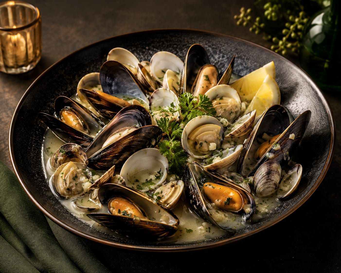 Bowl of steamed mussels in creamy sauce, garnished with herbs and lemon wedges on a dark table.