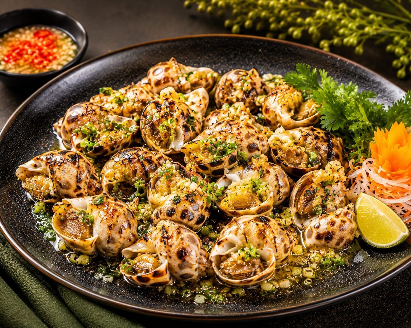 Grilled oysters on a black platter with herbs, lemon, and shredded carrots on the side