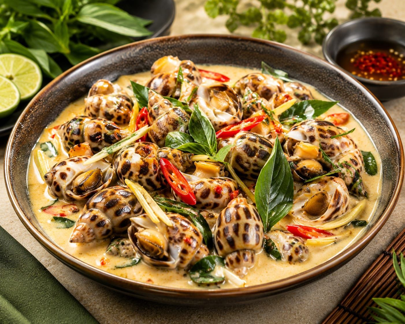 Creamy seafood curry with clams, basil, and red chilies in a rustic bowl