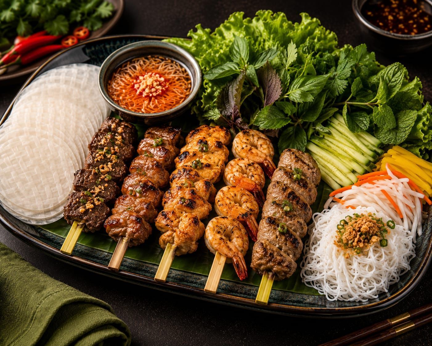 Korean meal platter with grilled meat skewers, rice, greens, and dipping sauces on a black tray