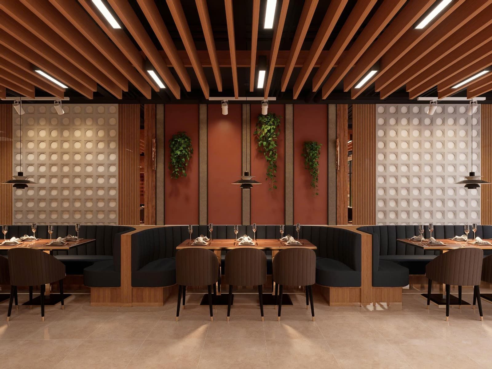 Modern Asian-inspired restaurant interior with wood slat ceiling, booths, and warm ambient lighting