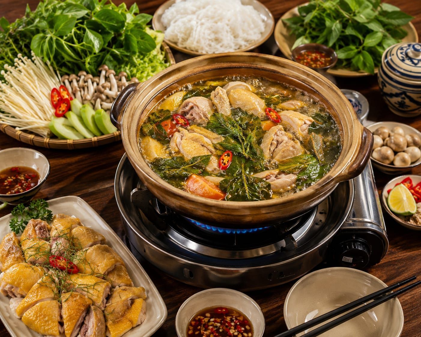 Hot pot meal with bubbling broth, dumplings, mushrooms, vegetables, and dipping sauces on a table