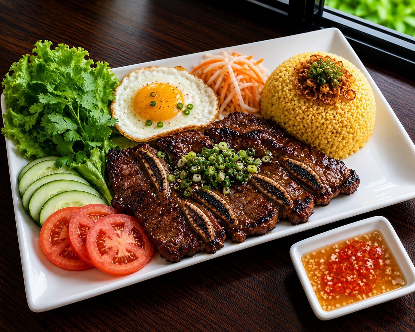 Grilled steak with rice, fried egg, lettuce, cucumber, tomato, and dipping sauce on a white plate.