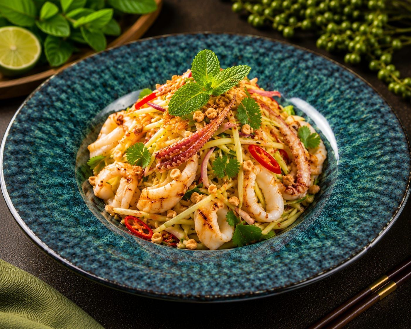 Plated noodle salad with shrimp, herbs, and red chili on a dark blue dish