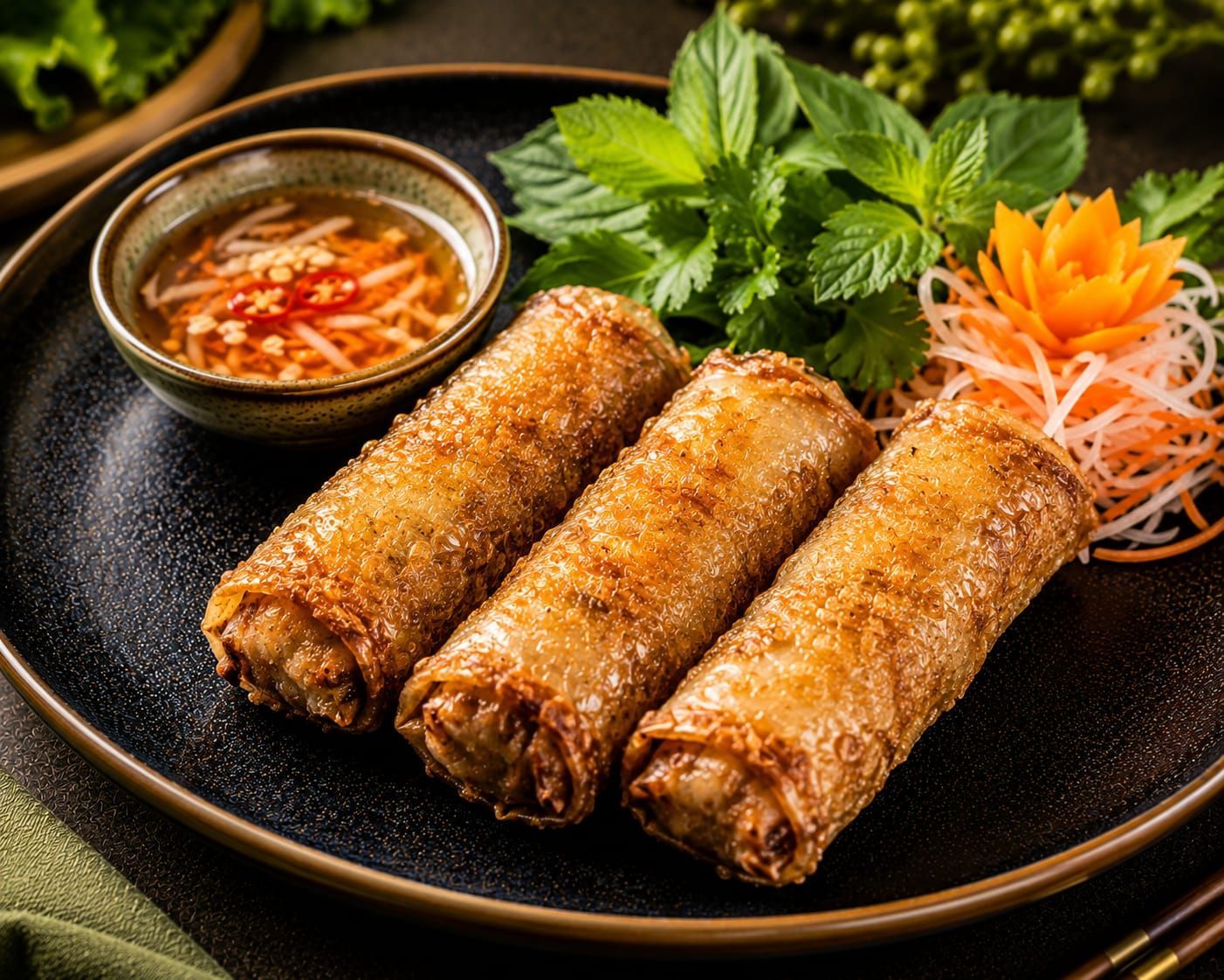 Three crispy fried spring rolls on a black plate with dipping sauce and fresh herbs