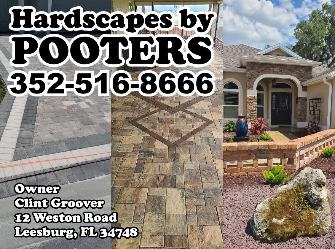 Advertisement for Hardscapes by Pooters in Leesburg, FL, featuring paver projects and contact details for Clint Groover.