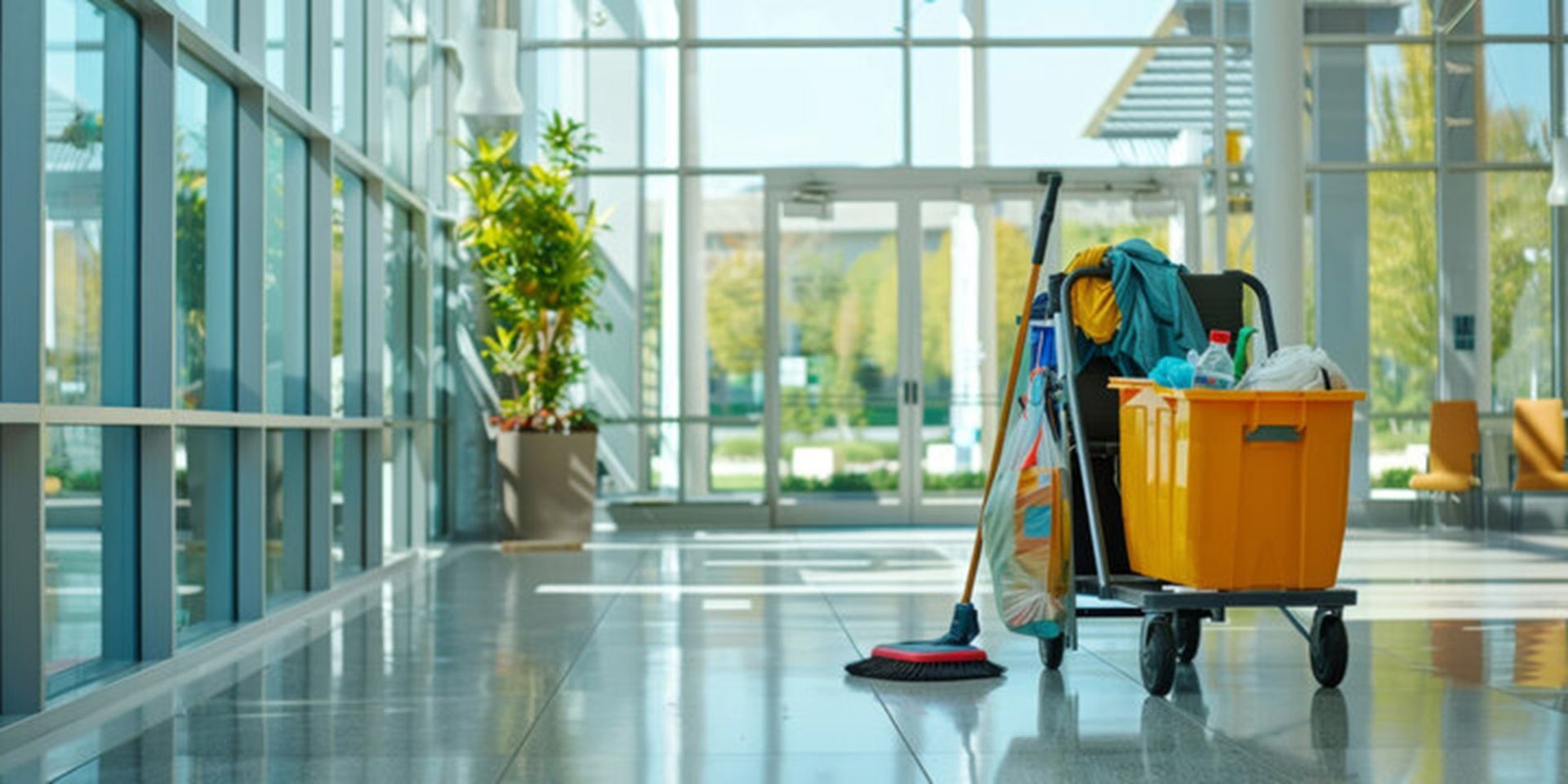 Cleaning equipment in a modern office workspace