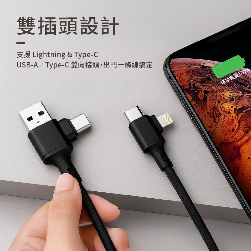 TU-ITL-04 60W雙插頭快充傳輸線1.2m編織線 USB-A / TypeC 支援 Lightnig