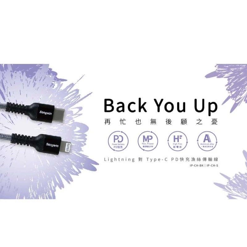 IP-CH-S  Lightning對Type-C PD快充漁絲傳輸線 1.2米 PD快沖 鋁合金接頭 漁絲線耐彎折