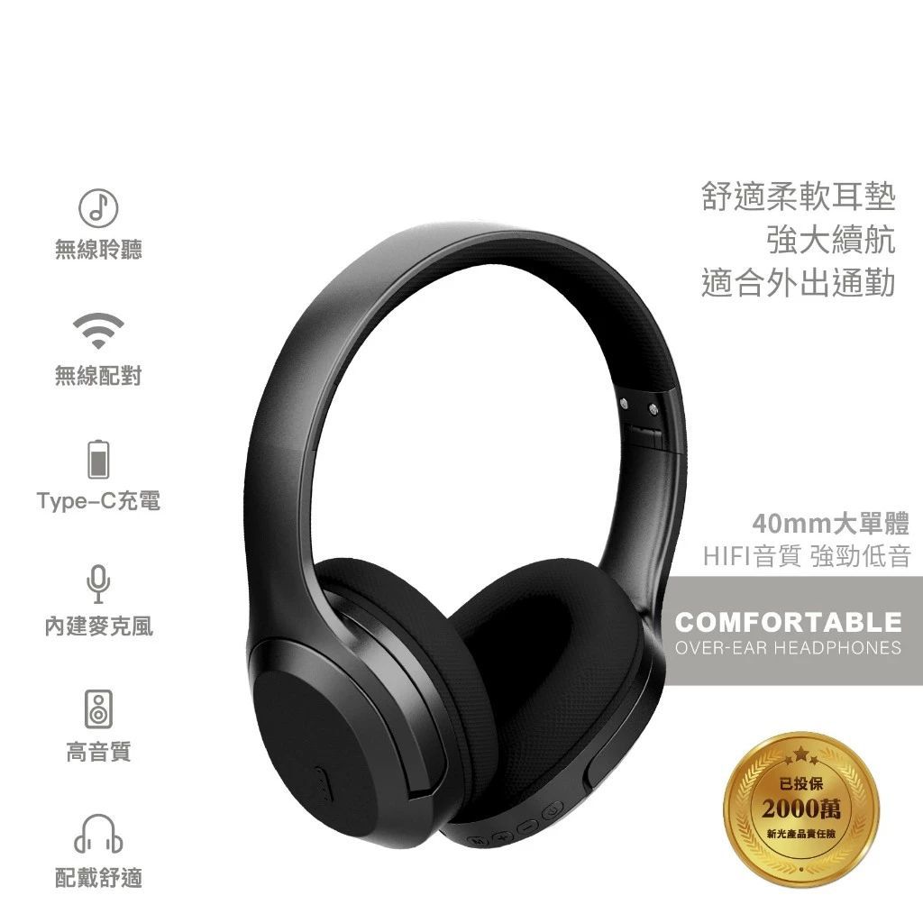 全罩式無線頭戴耳機  Type-C 充電 另有3.5mm接口 喇叭使用40mm大單體 內建麥克風 台灣現貨 TM-086