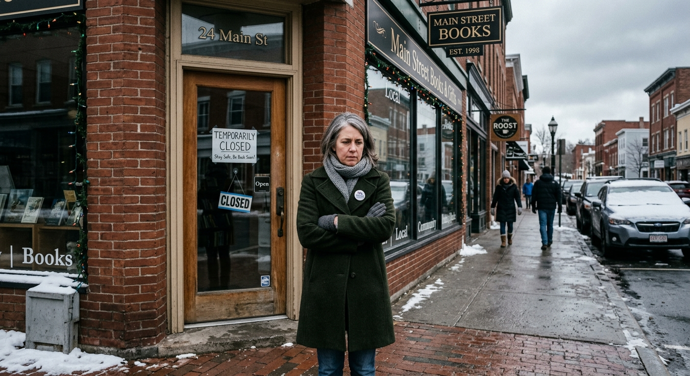 Small business owner reviewing insurance documents at a desk inside a brick building in western Massachusetts