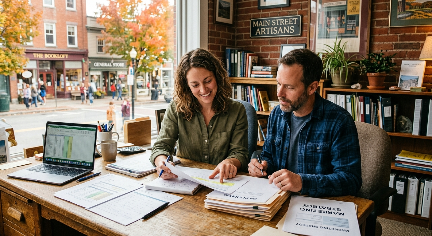 Small business owner reviewing insurance documents at a desk inside a retail shop in western Massachusetts