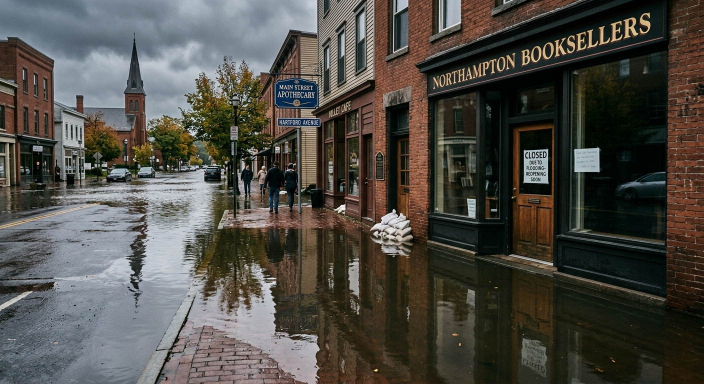 Flooded commercial street in a western Massachusetts town with water surrounding a brick storefront building