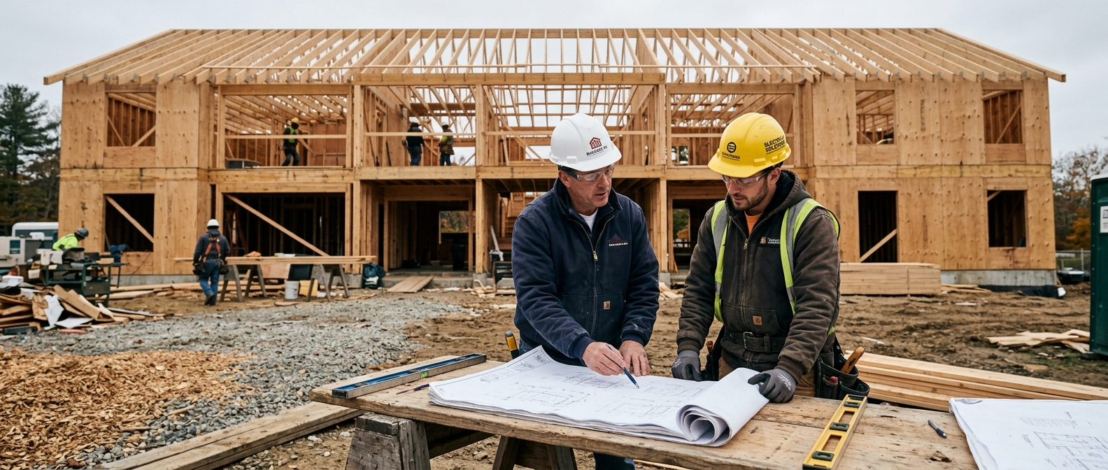 Contractor in a hard hat reviewing blueprints on a job site in western Massachusetts on a clear day