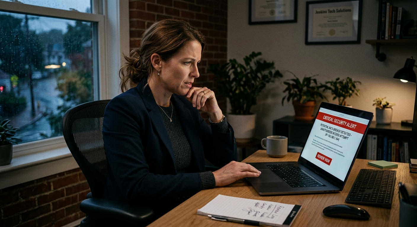 Small business owner at a desk reviewing documents on a laptop in a Massachusetts office with digital security icons visible