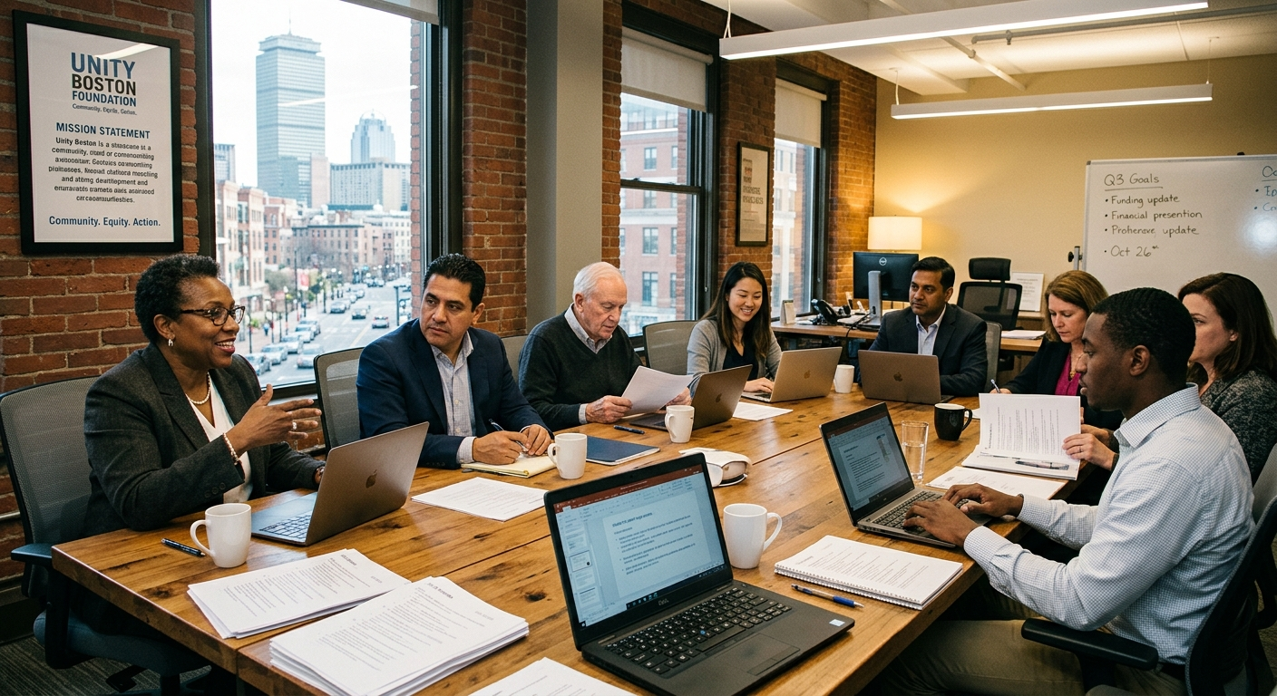 Professional business leaders seated around a conference table reviewing documents in a Massachusetts office