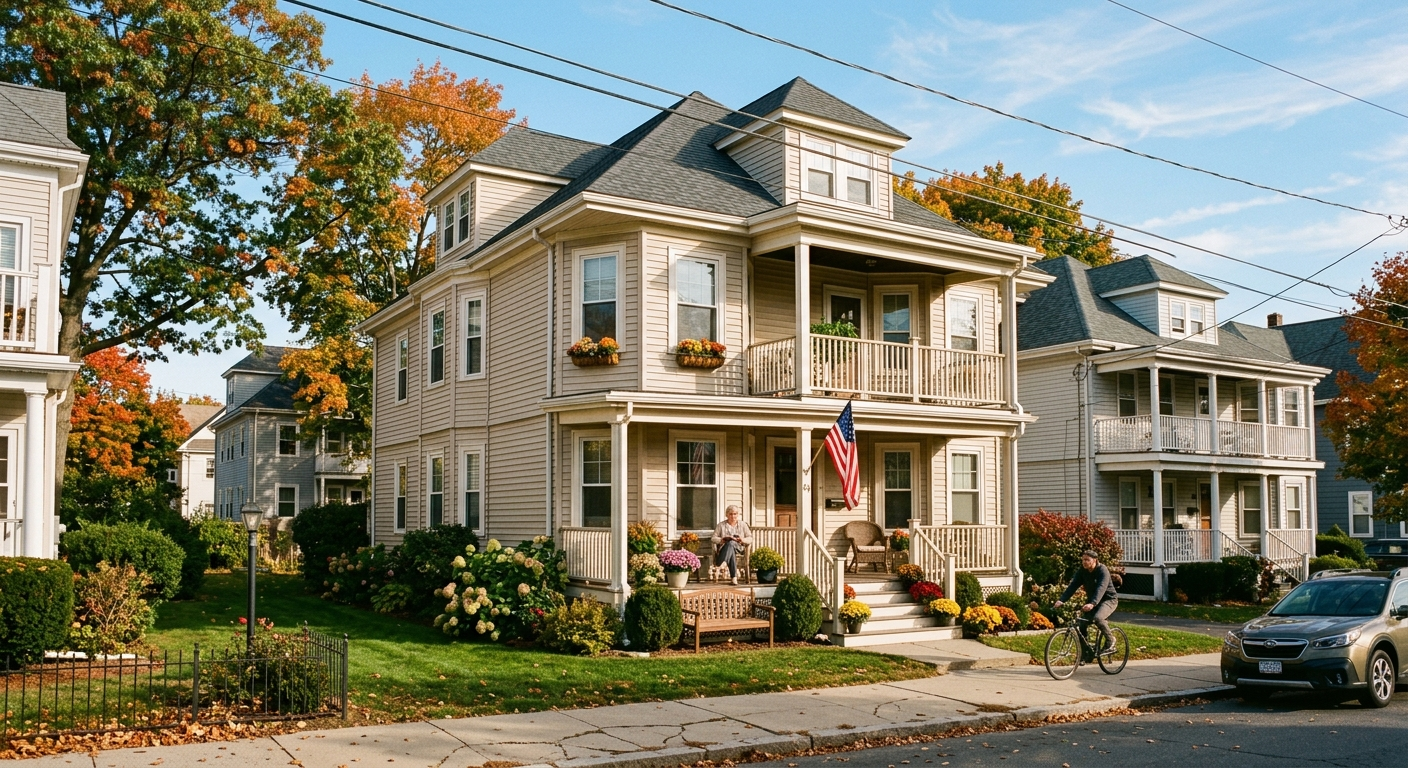 Two-story New England rental home on a quiet Massachusetts street on a partly cloudy day