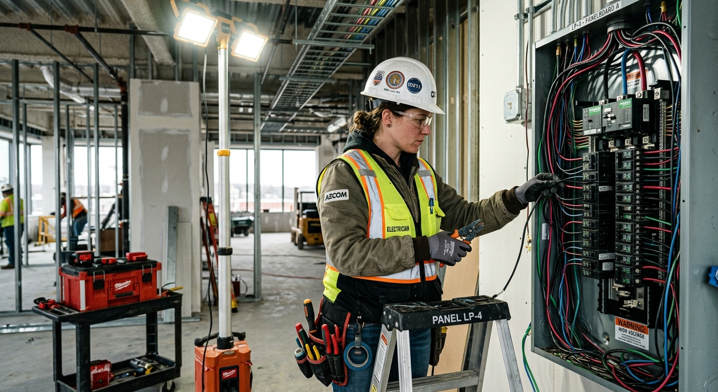 Electrician in safety gear wiring a commercial electrical panel inside a building under construction