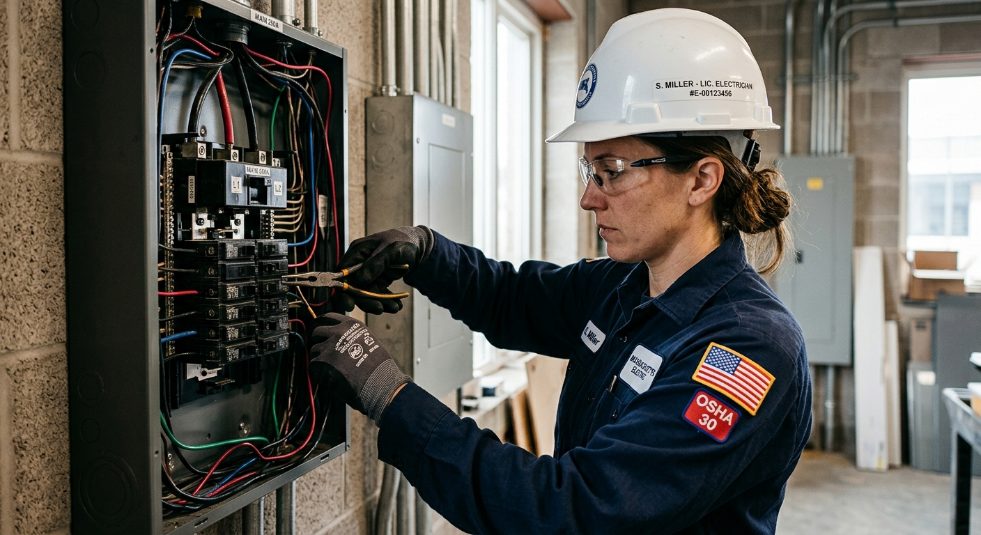 Licensed electrician in a hard hat working on a commercial electrical panel inside a building in Massachusetts