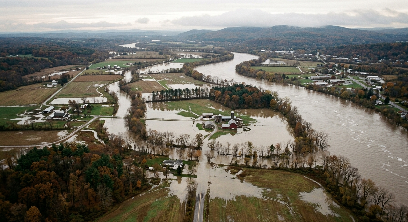 Aerial view of a residential neighborhood along a river in western Massachusetts with water levels rising near homes