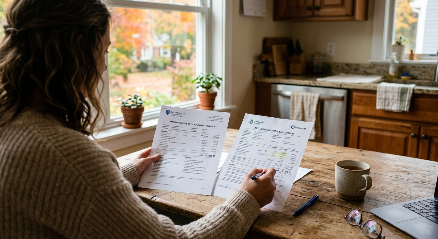 Person sitting at a kitchen table reviewing printed car insurance quote documents with a laptop open beside them