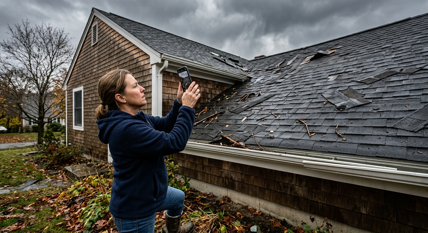 A Massachusetts homeowner photographing roof damage after a winter storm, with snow-covered trees visible in the background