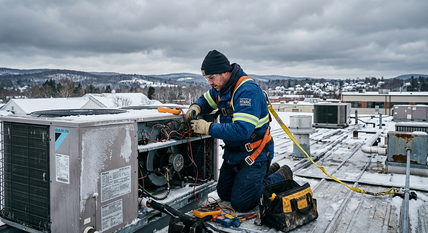 HVAC technician installing a rooftop commercial air conditioning unit on a building in Massachusetts on a clear winter day