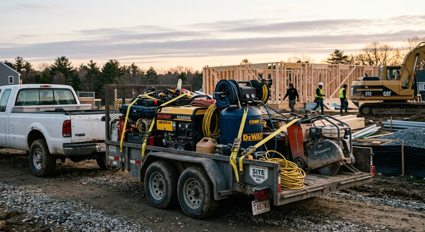 Contractor tools and equipment loaded in a work truck at a Massachusetts construction job site on a winter morning