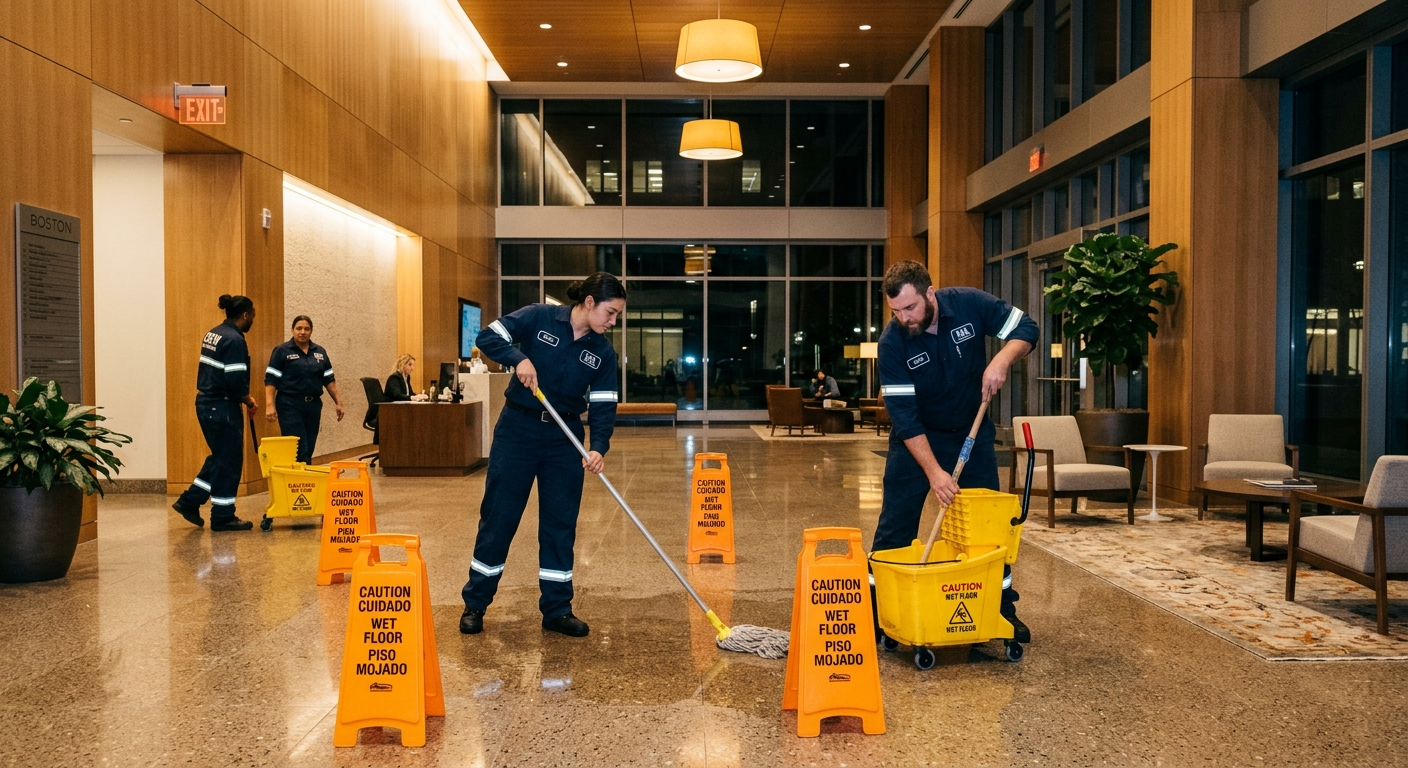 Cleaning crew member in uniform mopping a commercial office hallway with supplies cart nearby